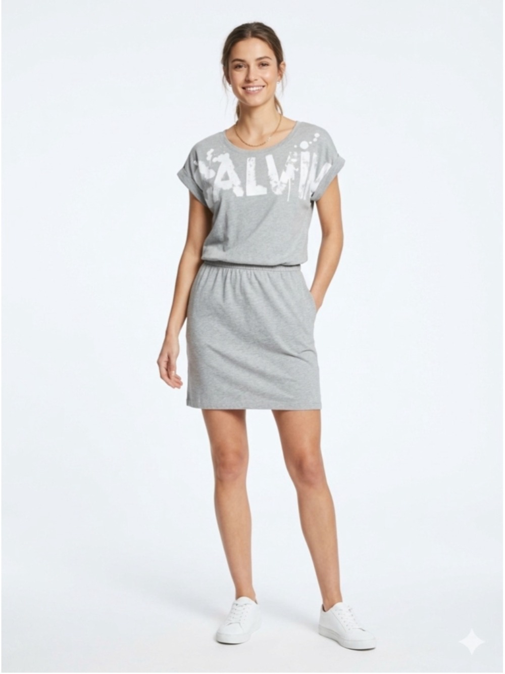 Calvin Klein Heather Grey Distressed Logo T-Shirt Mini Dress - Size Medium